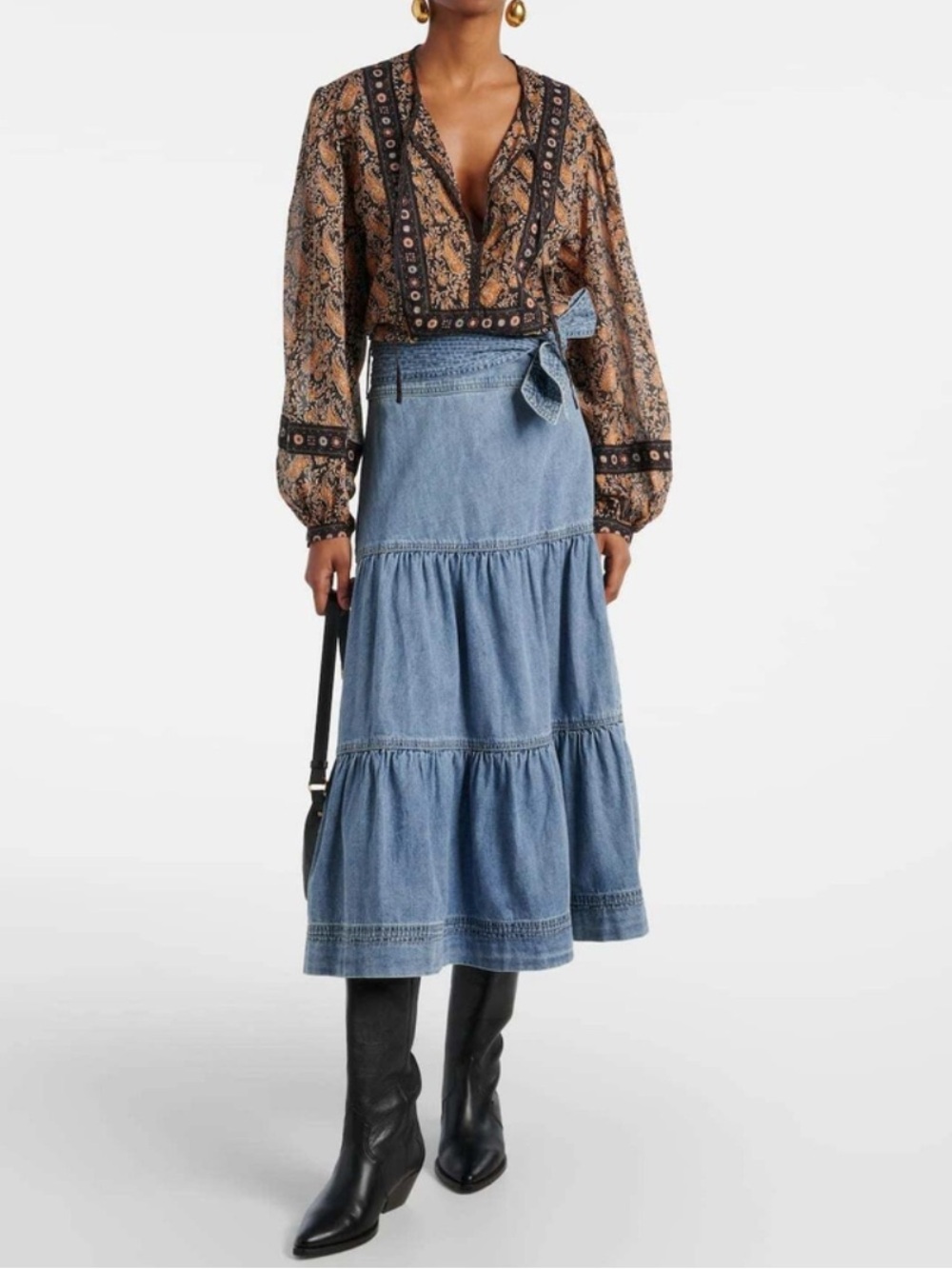 New Veronica Beard Blue Tiered Denim Maxi Skirt Removable belt - Country Chic